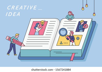 People are exploring with large books open. flat design style minimal vector illustration.