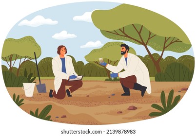 People exploring nature, analyze soil. Researchers take samples of biomaterial. Environmental and ecology research. Scientists conduct ecological experiment. Explorers work in forest or park