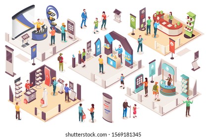 People at expo or business exhibition, vector isometric icons. Technology and business exhibition with product display exposition stands, company consultants, info desks, promotion banners and