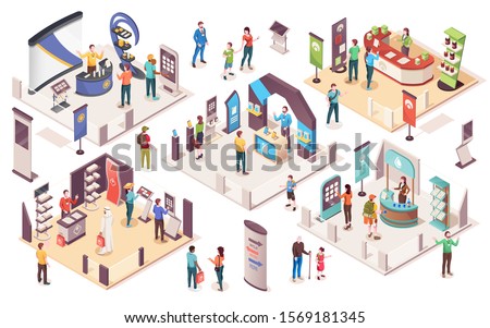 People at expo or business exhibition, vector isometric icons. Technology and business exhibition with product display exposition stands, company consultants, info desks, promotion banners and