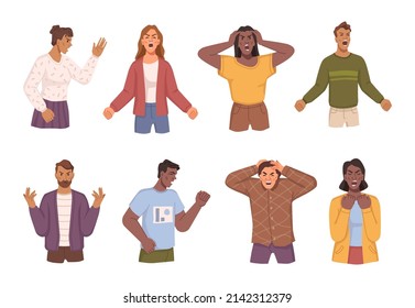 People expressing anger emotion, isolated man and woman personage shouting and screaming. Vector flat cartoon characters of different nationalities. Hatred and annoyance stress and exhaustion