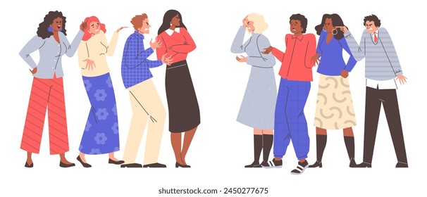 People expressing concern in a series of interactions, depicted in a vector illustration set with varied postures and gestures.