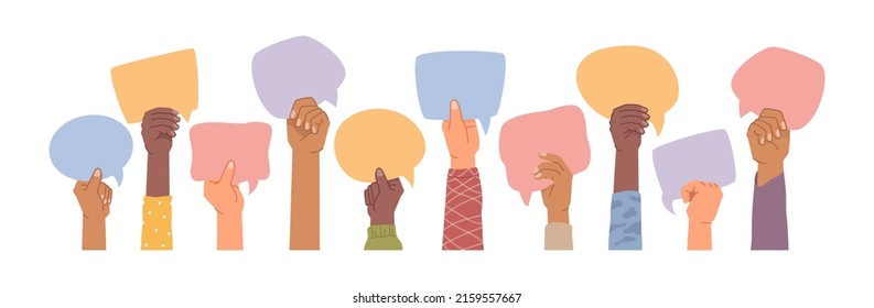 People expressing different thoughts and opinions by raising placards, banners and thought bubble cards. International characters, hands showing blank paper. Vector in flat style illustration