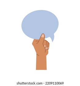 People expressing different thoughts and opinions by raising placard, banner and thought bubble card. International character, hand showing blank paper. Vector in flat style illustration