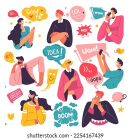 People expressing emotions and using stickers and bubbles. Isolated male and female characters with idea or surprise, boom and greetings. Personages on phones talking and smile. Vector in flat style