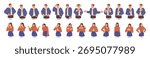 People expressing emotions. Vector in flat style of man and woman gesturing. Sad and happy personages, worried or uset girl. Loved and flirty boy. Teenagers socializing, gesturing and posing