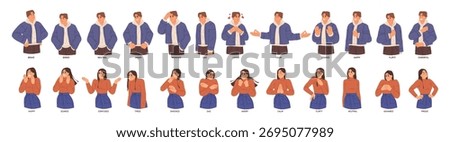 People expressing emotions. Vector in flat style of man and woman gesturing. Sad and happy personages, worried or uset girl. Loved and flirty boy. Teenagers socializing, gesturing and posing