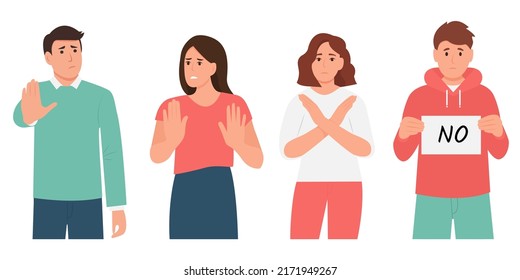 Personas que expresan rechazo.Lengua cantante, comunicación no verbal.Hombres y mujeres rechazan algo con gesto de mano de parada.Ilustración vectorial