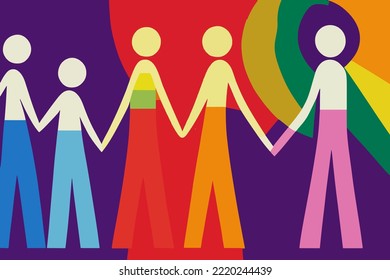 People expressing tolerance for lgbtq+ pride, rainbow paraphernalia, illustration,