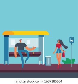 People exterior bus stop object icon set vector flat illustration eps 10