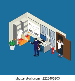 people extinguishes fire in office room isometric 3d vector illustration concept for banner, website, illustration, landing page, flyer, etc.