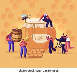 People Extracting and Eating Honey Concept. Beekeeper in Protective Outfit at Apiary Taking Honeycomb and Put to Jar. Producing Natural Eco Product on Beekeeping Farm. Cartoon Flat Vector Illustration
