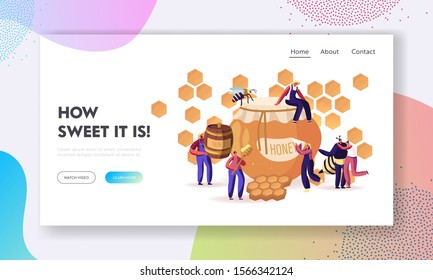 People Extracting and Eating Honey Website Landing Page. Beekeeper Taking Honeycomb and Put to Jar. Producing Natural Eco Product on Beekeeping Farm Web Page Banner. Cartoon Flat Vector Illustration