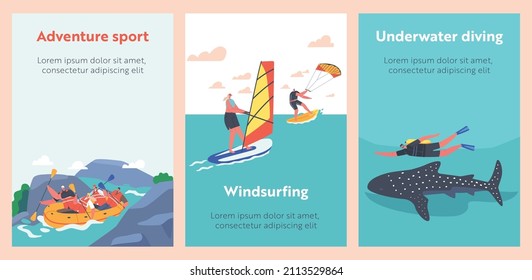 People Extreme Summer Water Sports Activity Cartoon Banners. Windsurfing, Fly Board, Jet Ski and Diving with Shark, Men or Women Relax at Summertime Vacation, Leisure, Sport Recreation. Vector Posters