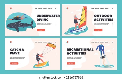 People Extreme Summer Water Sports Activity Landing Page Template Set. Wind Surfing, Fly Board, Jet Ski and Diving with Shark, Men and Women Relax at Summertime Vacation. Cartoon Vector Illustration