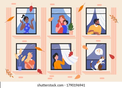 People in facade building windows vector illustration. Cartoon flat man woman neighbour characters living in neighboring home apartments, enjoying autumn good weather. Happy neighbourship background