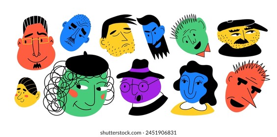 People face, abstract doodle style portrait. Unique funny characters, symbol quirky modern flat boy. Cartoon cool men and women, logo isolated design. Vector sketch young garish contemporary set