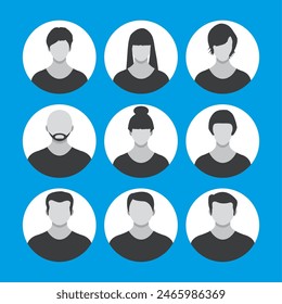 People face, avatar icon, cartoon character in black and white. Male and female. Vector illustration in flat style