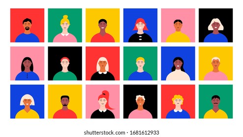 People face avatar set. Diverse boy girl flat user characters for video game, account, social media. Cartoon women men face icons isolated on white background. Vector illustration