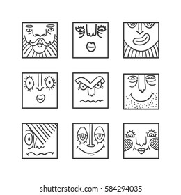 People face cartoon vector icons. Doodle avatars. Big collection of people emotions for social activities. Linear art caricatures. Fun human characters. Different expression set.