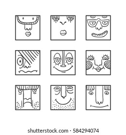 People face cartoon vector icons. Doodle avatars. Big collection of people emotions for social activities. Linear art caricatures. Fun human characters. Different expression set.