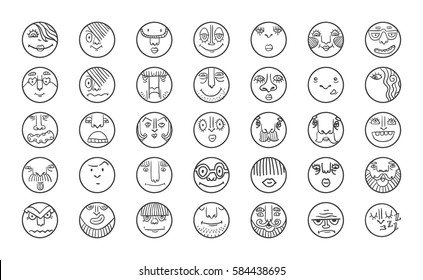 People face cartoon vector icons. Doodle avatar set. Big collection of people emotions for social activities. Linear art caricatures. Fun human characters. Different expression set.