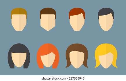 People face icons set. Different man and woman face silhouettes. Templates for avatar, for app or web design. Vector symbols of male and female characters.