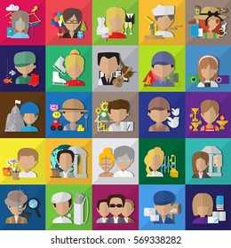 People Face Icons-Isolated On Mosaic Background.Vector Illustration,Graphic Design.Group Of Different Character Avatar.For Web Site,App,Print,Presentation Templates,Mobile Applications.Collage People