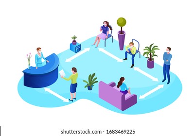 People in face mask keep social distance in public space during 019-nCoV Coronavirus outbreak, reception room with administrator, prevent virus contamination, 3d isometric illustration