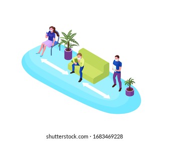 People in face mask keep social distance in public space during 019-nCoV Coronavirus outbreak, registry or reception room, prevent virus contamination, 3d isometric illustration