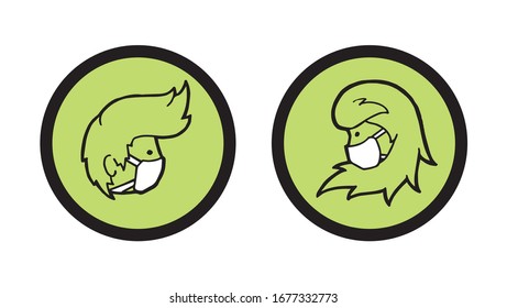 People with face mask logo from profile, motive in a circle, vector outline illustration. Simple label female and male with a protection from corona or some other virus disease in a sphere. 