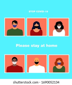 People in face mask peep out the window. Please stay at home conceps about prevention covid-19. 