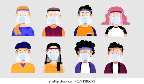 People With Face Mask And Face Shield. Vector Illustration.