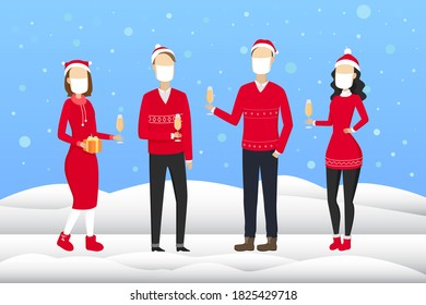 People in face masks celebrating Christmas outdoors. Vector illustration.