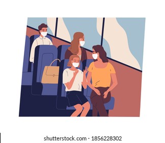 People in face masks commuting or traveling by bus during coronavirus pandemic. Male and female passengers sitting inside modern public transport while covid restrictions. Flat vector illustration