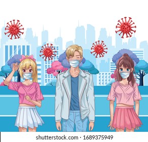 people with face masks and covid19 particles on the city vector illustration design