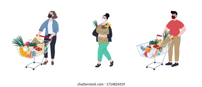 People in face masks doing grocery shopping in a grocery store during coronavirus pandemic. Man and woman does food resupply. Hand drawn cartoon flat style concept illustration. 