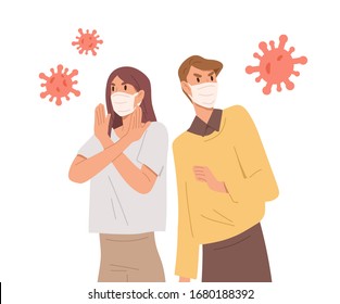 People in face masks fight with virus. Epidemic disease outbreak prevention. Coronavirus pandemic protection. Man and woman near giant bacterias. Vector illustration in flat cartoon style