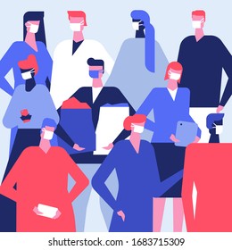 People in face masks - flat design style illustration. Coronavirus protective measures, recommendation idea. A composition with male and female cartoon characters, different people with gadgets