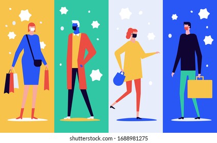 People in face masks - flat design style illustration. Coronavirus protective measures, recommendation idea. A composition with male and female cartoon characters, different people with shopping bags