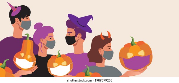 People with face masks at halloween party, copy space template. Flat vector stock illustration. Medical mask celebration. Halloween covid protection. Pumpkin face. Overlay illustration