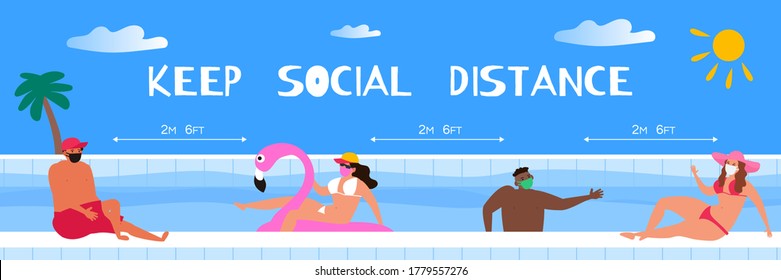 People In Face Masks Keep Social Distance In Swimming Pool During Coronavirus Covid 19 Summer Vacation Vector Illustration