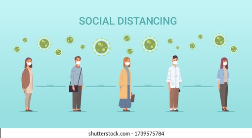 people in face masks men women standing line queue keeping distance to prevent covid-19 social distancing coronavirus pandemic health care concept horizontal full length vector illustration