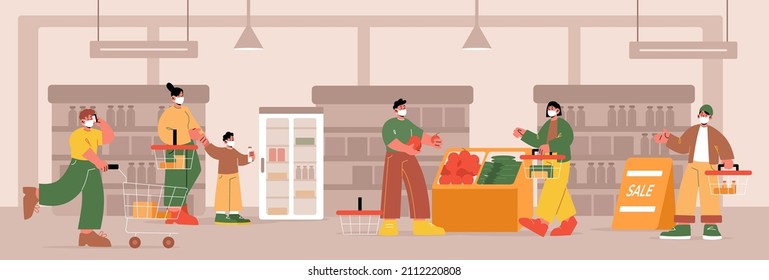 People in face masks with shopping carts and baskets in supermarket. Vector flat illustration of persons with trolleys make purchases in store. Shoppers buy food and vegetables