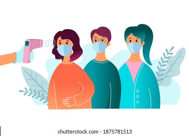 People with face masks are standing in line. А gloved hand holds an electronic thermometer. People measure their body temperature. Vector illustration.