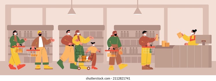 People In Face Masks Standing In Queue To Checkout Counter In Supermarket. Customers With Baskets And Cart Waiting In Long Line In Store. Vector Flat Illustration Of Shop With Cashier And Shoppers