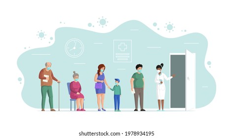 People in face medical protective masks at queue hospital coronavirus pandemic. Patient waiting for doctor or aid at hall of clinic isolated. People vaccination at covid 19 epidemic cartoon vector