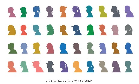Menschen Gesicht Portrait Seitenansicht Bunte Silhouette Set. Mann und Frau Seite Gesicht Avatare Porträt in verschiedenen Farben Silhouette.