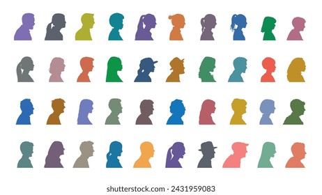 Menschen Gesicht Portrait Seitenansicht Bunte flache Silhouette Set Sammlung. Mann und Frau Seite Gesicht Avatar Porträt verschiedenen Alters in verschiedenen Farben Silhouette.	