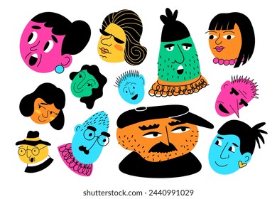 La gente se enfrenta. Retrato único de hombres y mujeres divertidos. Símbolo peculiar, expresión plana moderna de dibujos animados, logotipo brillante abstracto fresco, garabatos jóvenes personajes. Diseño vectorial boceto estridente conjunto de persona contemporánea